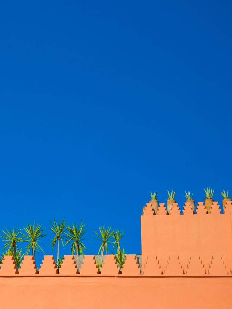 A crenellated red earth wall with small palms against a deep blue sky