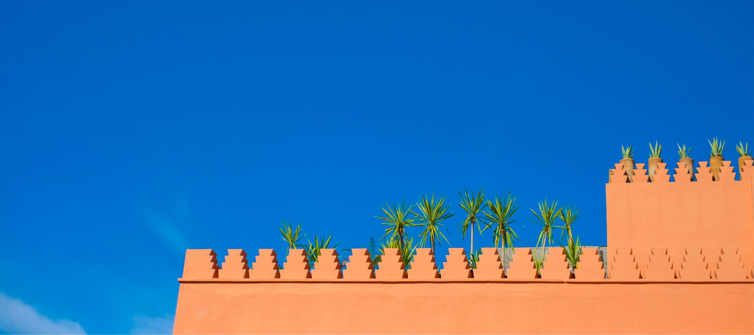 A crenellated red earth wall with small palms against a deep blue sky