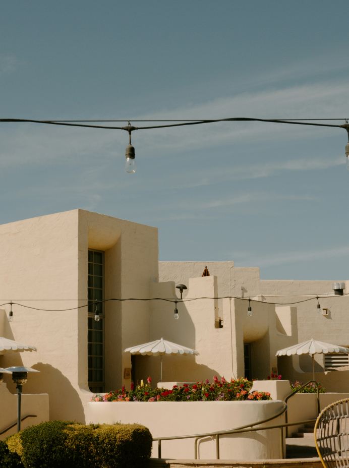 A terrace with string lights